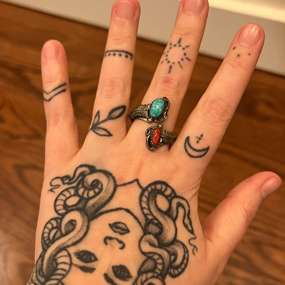 Vintage Native American Turquoise and Coral Ring, Sterling Silver, Handmade